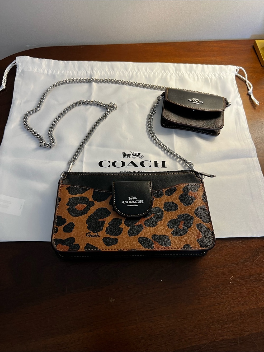 Coach Leopard Print Crossbody Bag with Black Trim and Silver Chain
